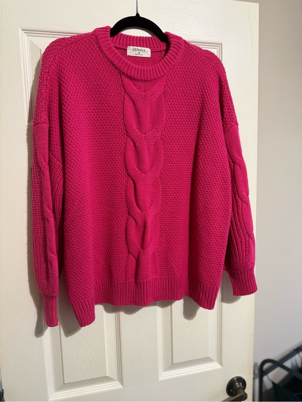 Zenana Outfitters Hot Pink Cable-Front Crewneck Sweater